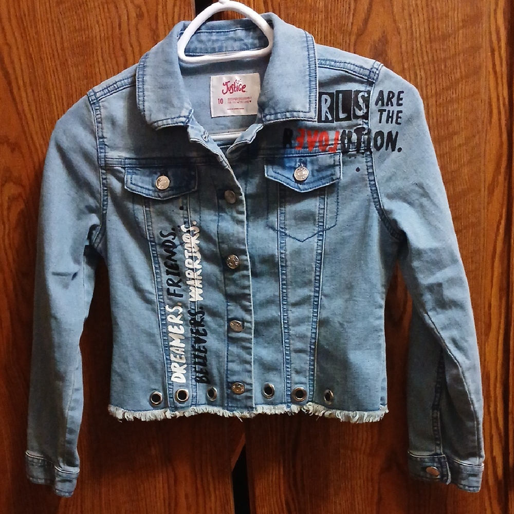Justice Light Blue Denim Jacket with Graphic Accents